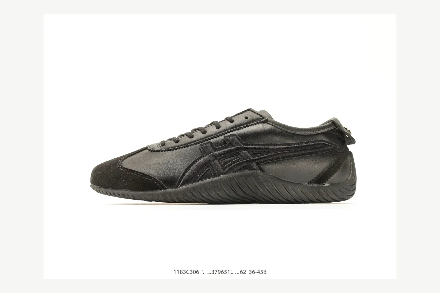 Black Onitsuka Tiger low top with side details, toe, heel, and sole edge