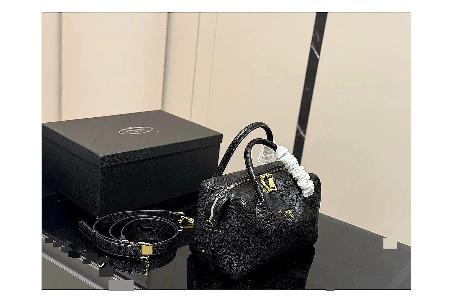 Prada Mini Top Handle Black OOPBuy route photo showing black leather mini bag body, structured top handle, compact silhouette, and clean metal hardware
